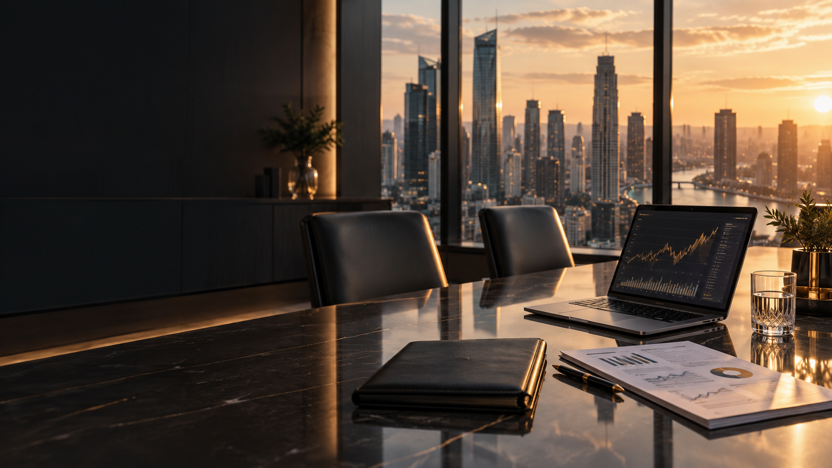 Sala de reuniões premium de consultoria financeira com vista para a cidade