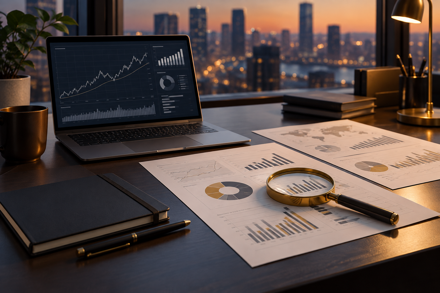 Relatórios de análise de mercado e painel analítico na secretária de um analista