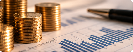 Moedas junto a gráficos financeiros