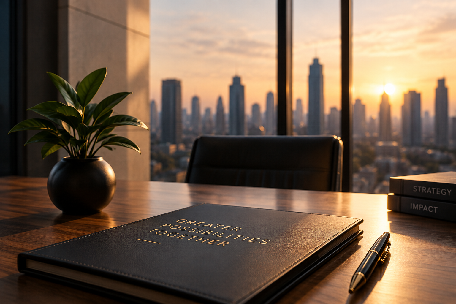 Livro de estratégia da KLUFF numa mesa de reuniões com vista para a cidade